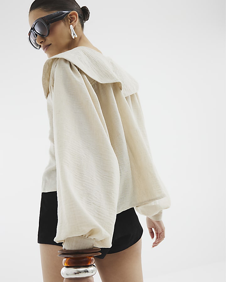 Beige Long Sleeve Collared Blouse