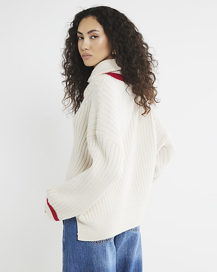 Cream Knitted Stripe Quarter Zip Jumper