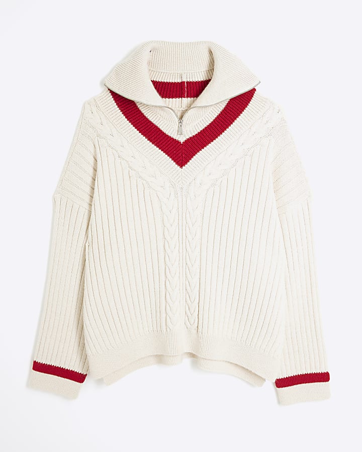 Cream Knitted Stripe Quarter Zip Jumper