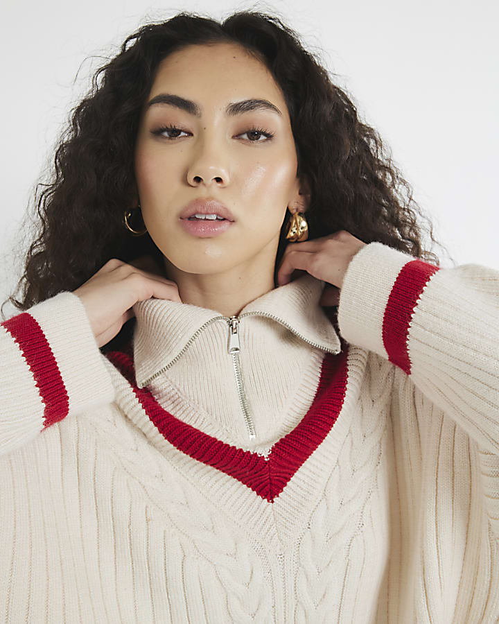 Cream Knitted Stripe Quarter Zip Jumper