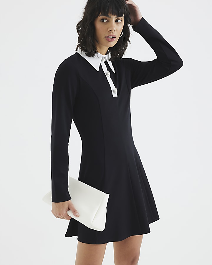 Black Long Sleeve Collared Button Mini Dress