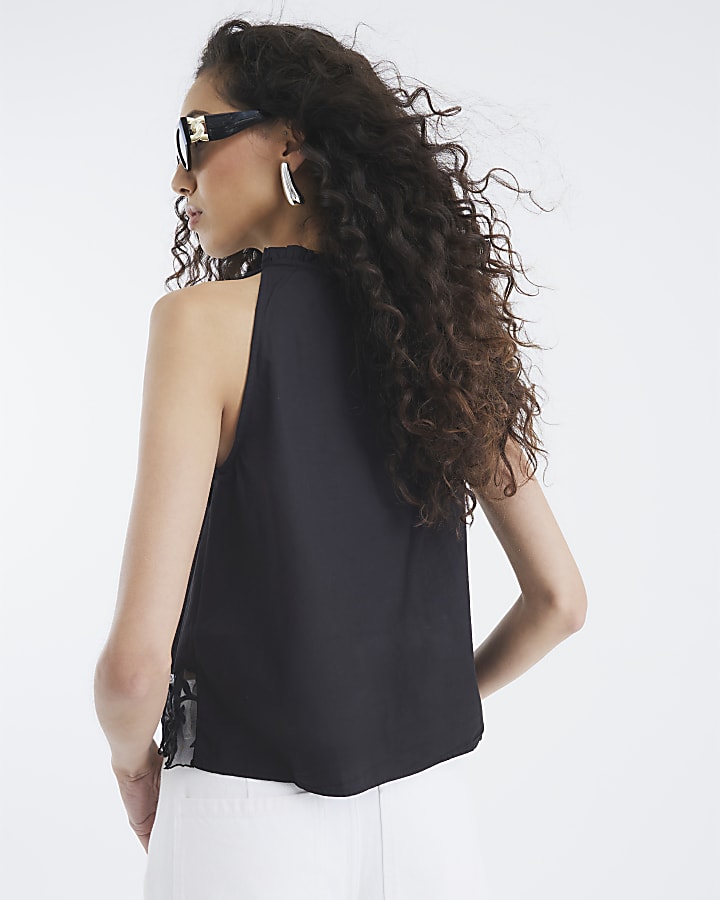 Black Sleeveless Lace Hem Cami Top