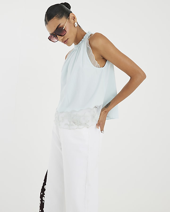 Blue Halter Neck Lace Hem Cami Top