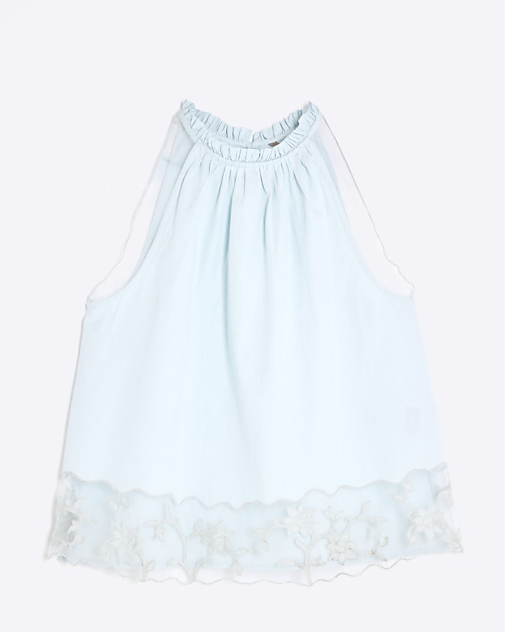 Blue Halter Neck Lace Hem Cami Top
