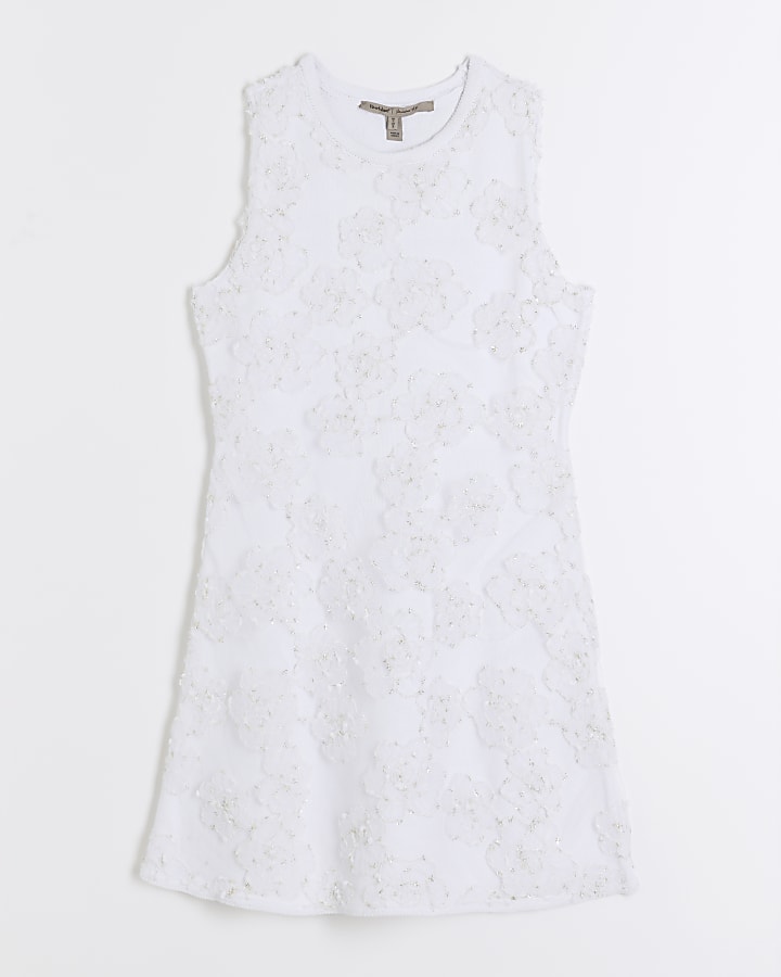 White Sleeveless Floral Overlay Mini Dress