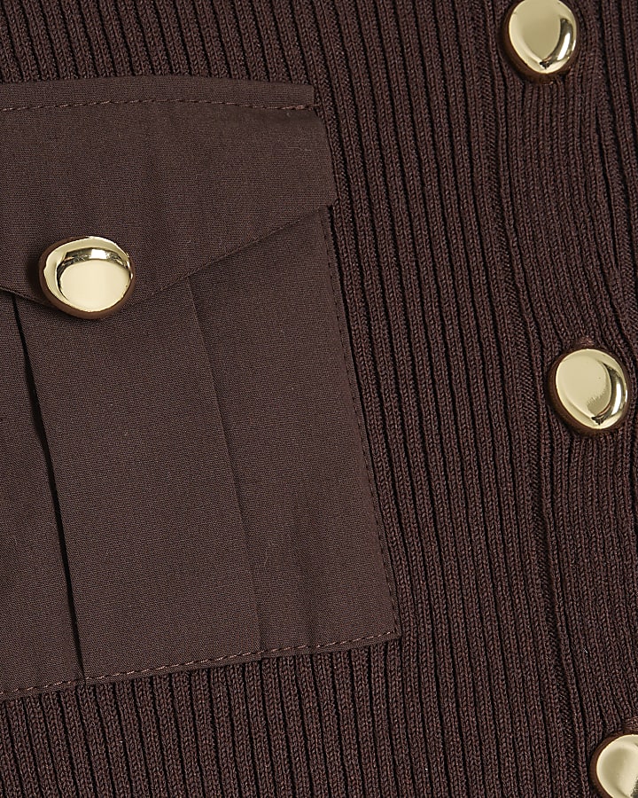 Brown Pocket Detail Fitted Knit Top