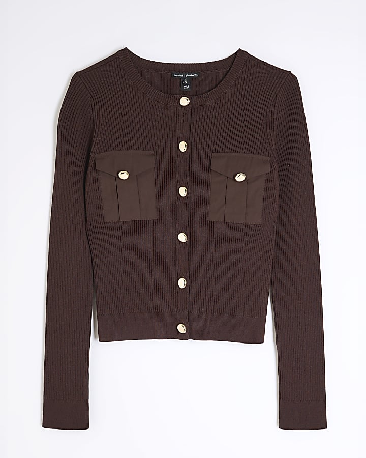 Brown Pocket Detail Fitted Knit Top