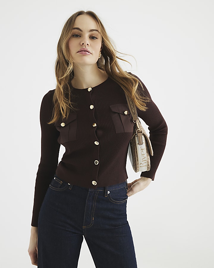 Brown Pocket Detail Fitted Knit Top