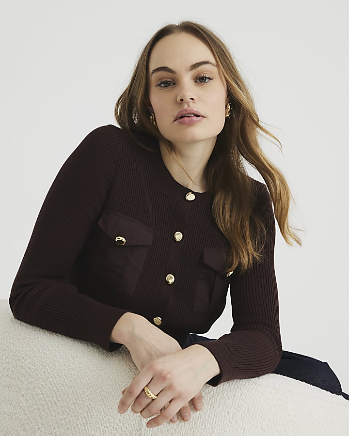 Brown Pocket Detail Fitted Knit Top