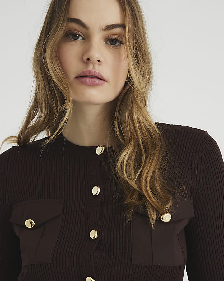 Brown Pocket Detail Fitted Knit Top