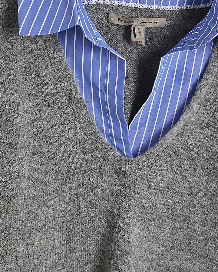 Grey Striped Shirt Knit Vest Hybrid Top