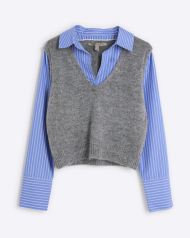 Grey Striped Shirt Knit Vest Hybrid Top
