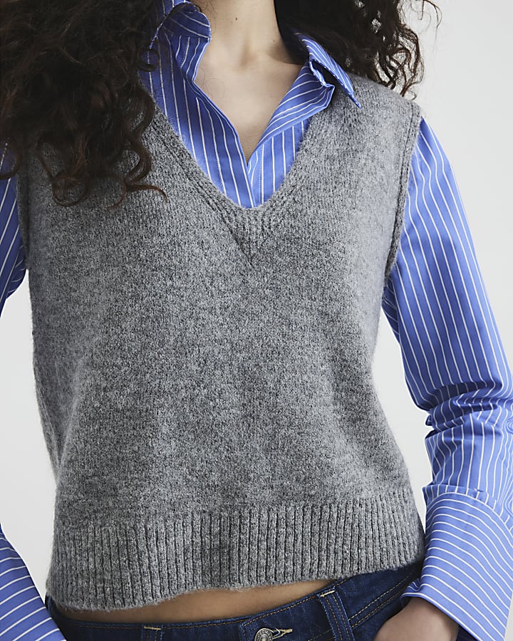 Grey Striped Shirt Knit Vest Hybrid Top