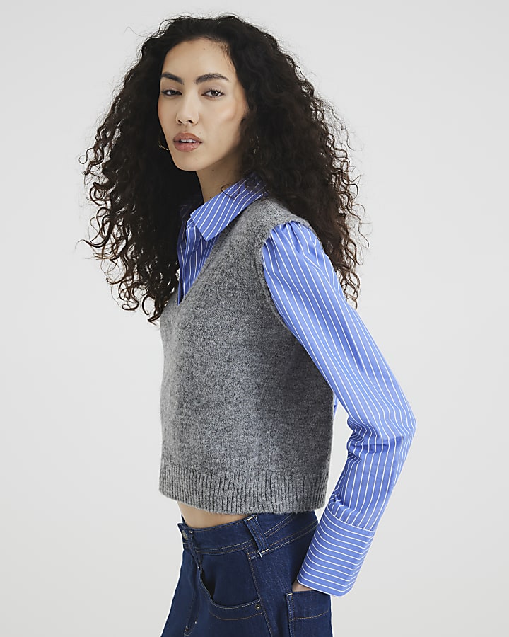 Grey Striped Shirt Knit Vest Hybrid Top