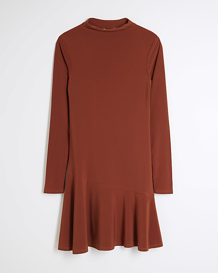 Rust High Neck Asymmetric Hem Mini Dress