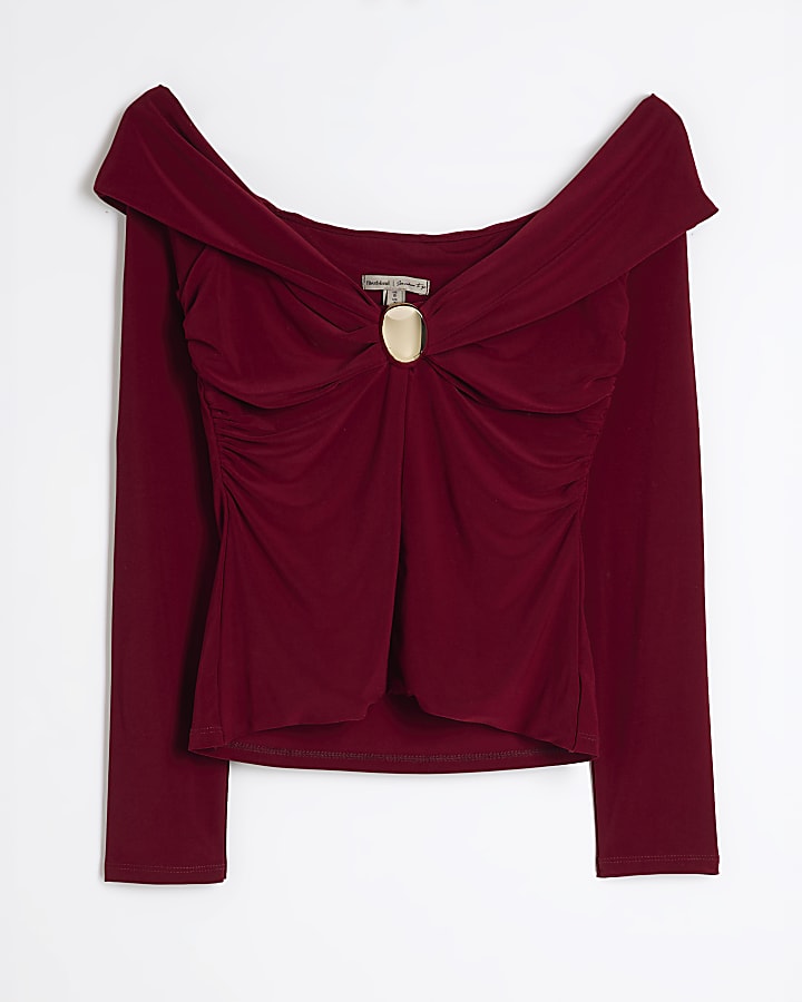 Red Long Sleeve Twist Trim Bardot Top