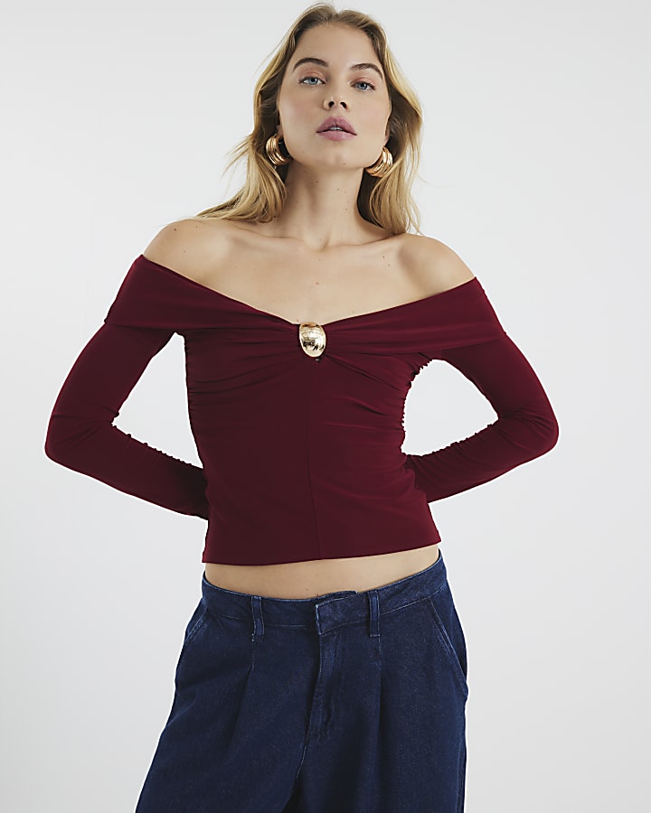 Red Long Sleeve Twist Trim Bardot Top