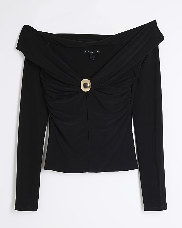 Black Long Sleeve Twist Trim Bardot Top