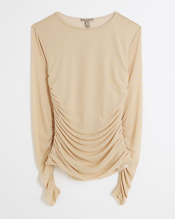 Beige Ruched Side Mesh Top