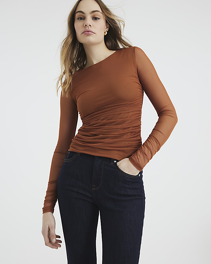 Brown Ruched Side Mesh Top