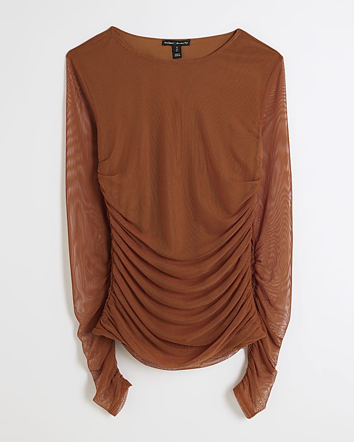 Brown Ruched Side Mesh Top