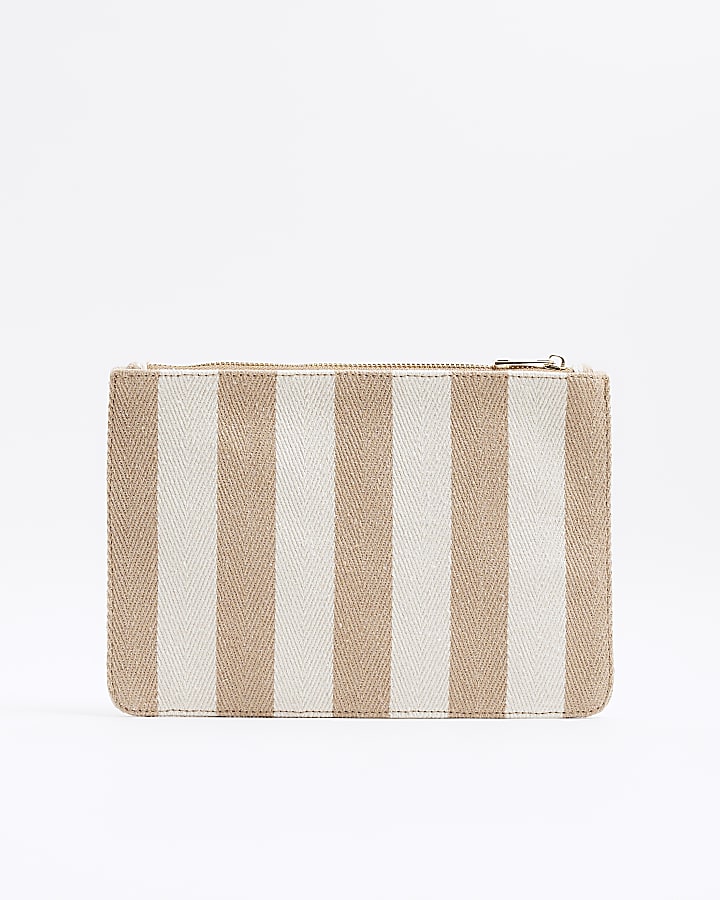 Beige Canvas Striped Beach Pouch