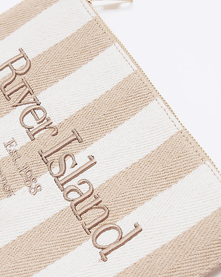 Beige Canvas Striped Beach Pouch