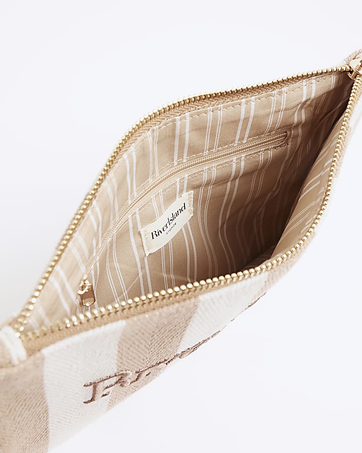 Beige Canvas Striped Beach Pouch