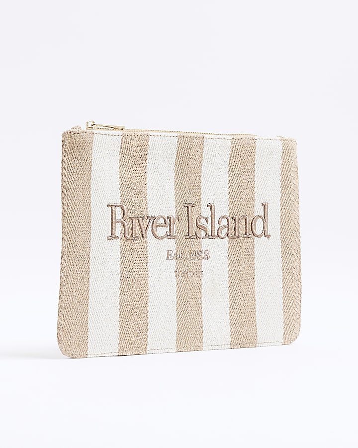 Beige Canvas Striped Beach Pouch