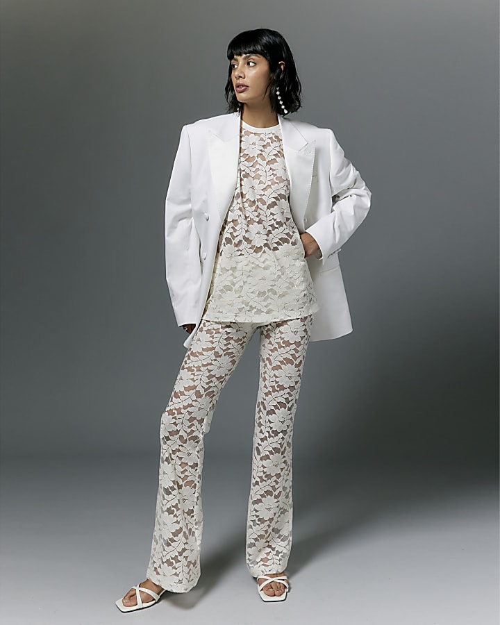 Cream Lace Wide Leg Trousers