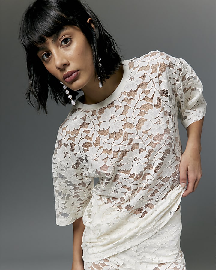 Cream Short Sleeve Lace Top