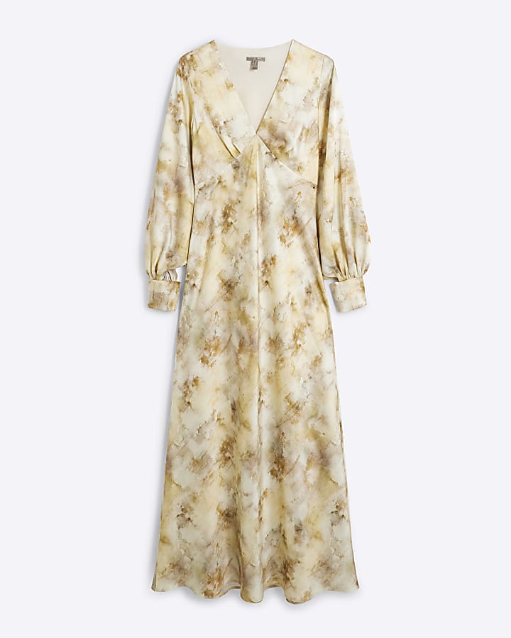 Yellow Long Sleeve V-Neck Midi Slip Dress