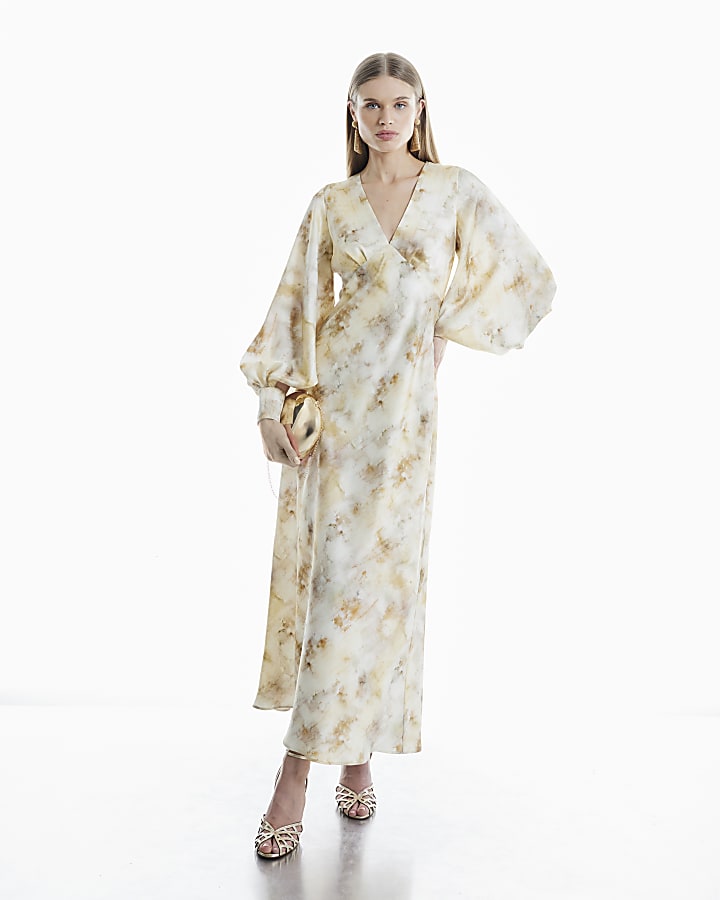 Yellow Long Sleeve V-Neck Midi Slip Dress