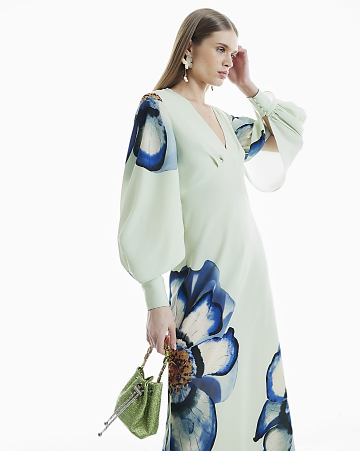 Green Floral Long Sleeve V-Neck Maxi Dress