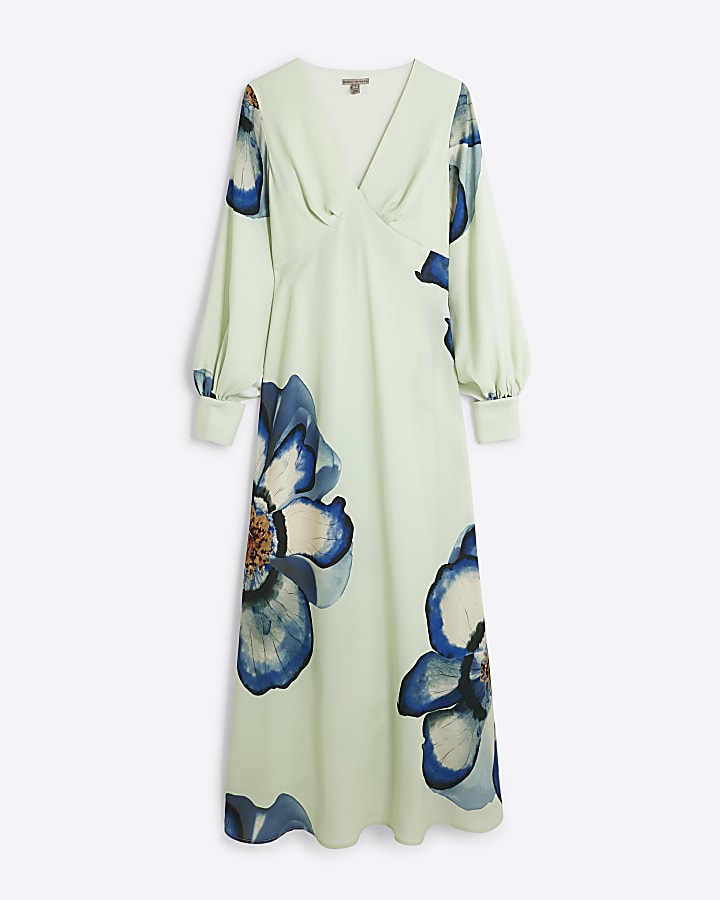 Green Floral Long Sleeve V-Neck Maxi Dress