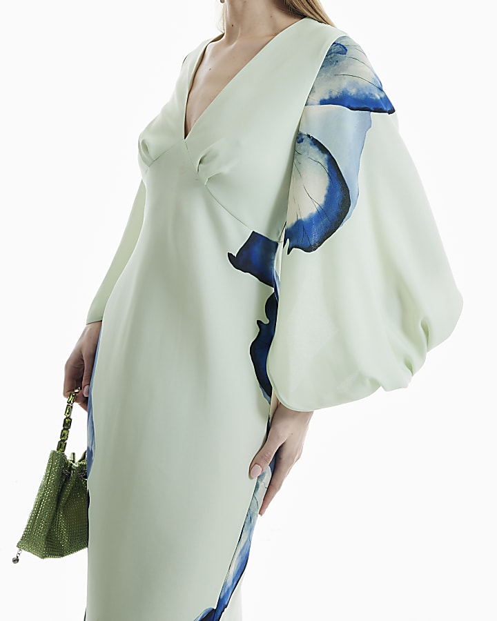 Green Floral Long Sleeve Midi Slip Dress