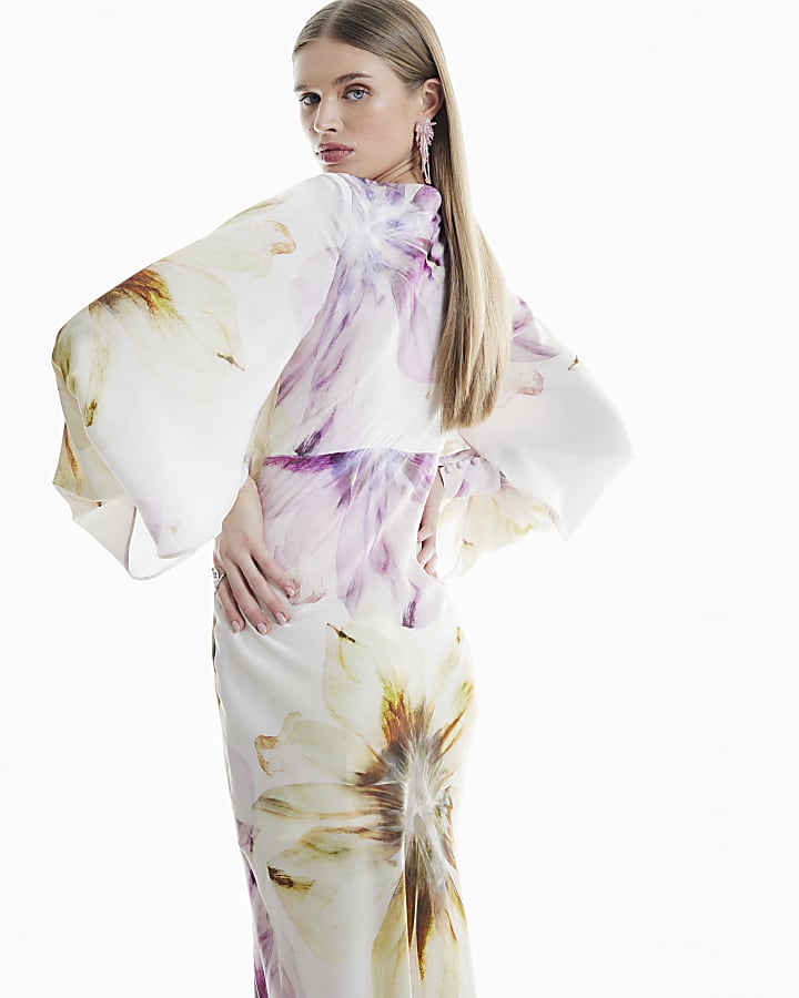 Cream Floral Long Sleeve Midi Slip Dress