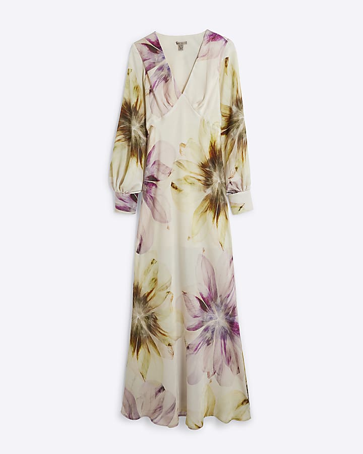 Cream Floral Long Sleeve V-Neck Maxi Dress