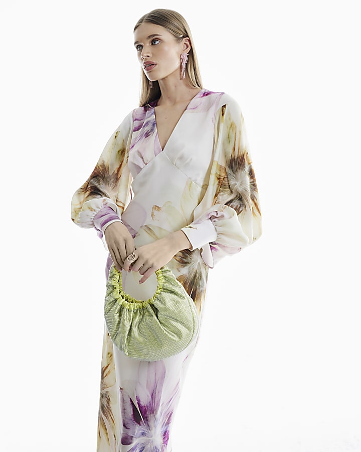 Cream Floral Long Sleeve V-Neck Maxi Dress