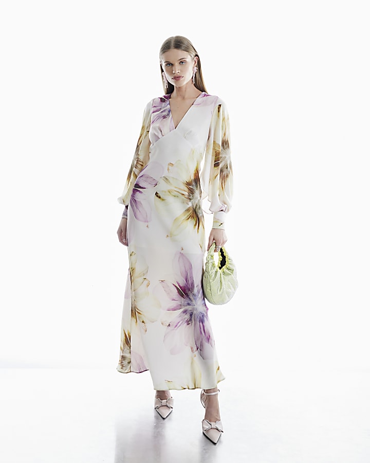 Cream Floral Long Sleeve Midi Slip Dress