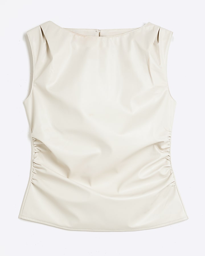 Cream Slash Neck Faux Leather Top