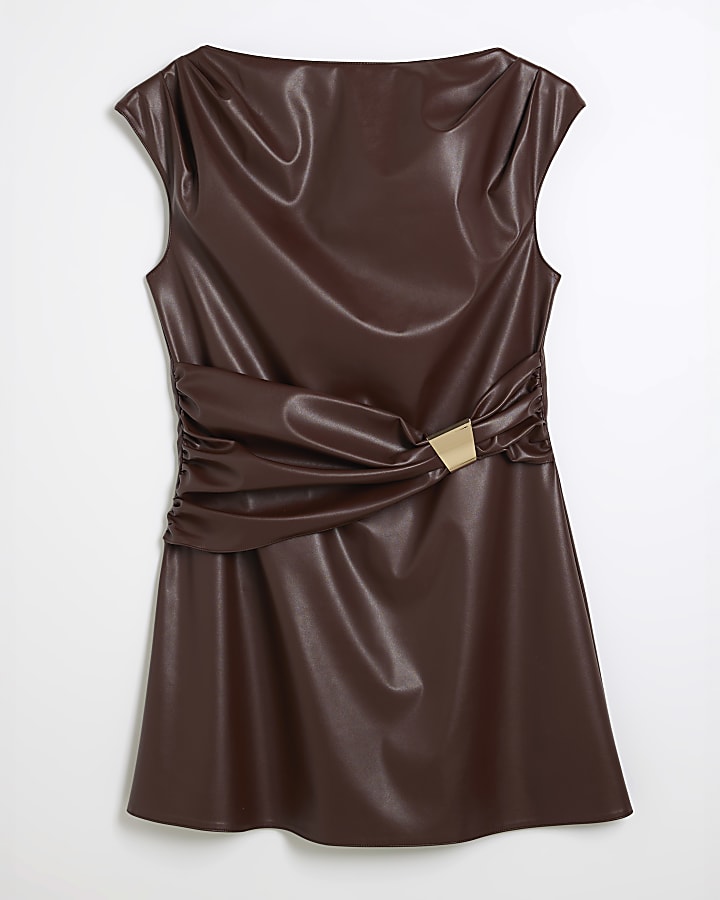 Brown Faux Leather Drape Trim Mini Dress