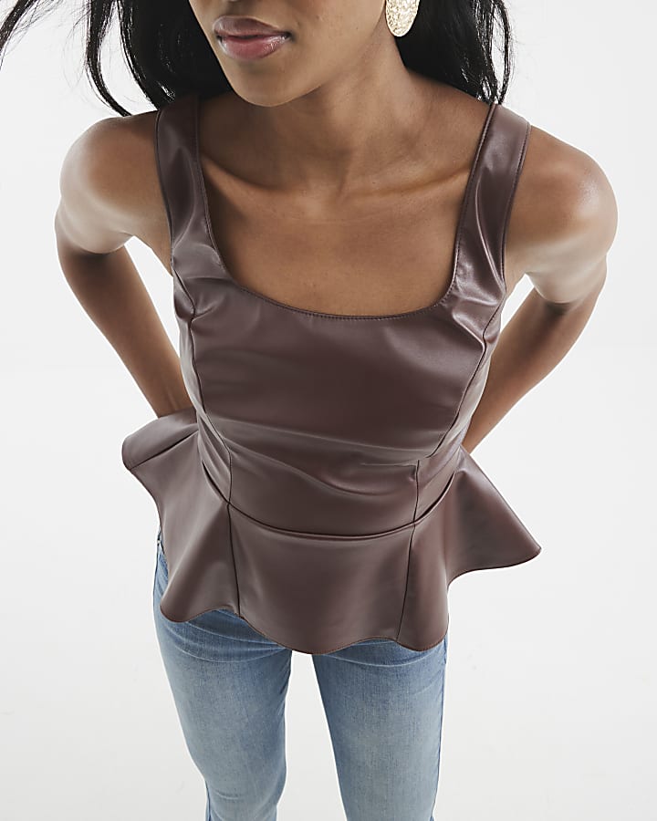 Brown Faux Leather Sleeveless Peplum Top