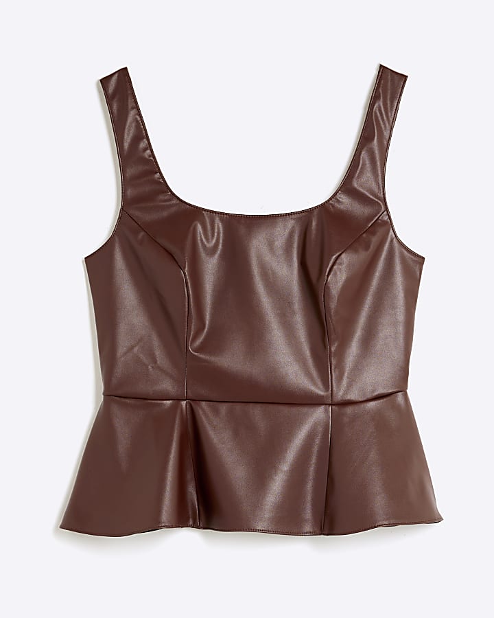 Brown Faux Leather Sleeveless Peplum Top