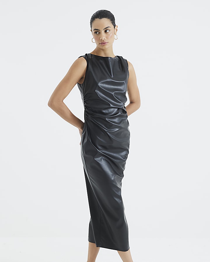 Black Ruched Faux Leather Midi Dress