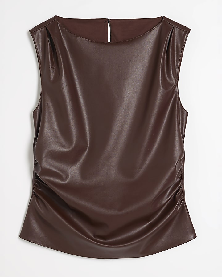 Brown Slash Neck Faux Leather Top