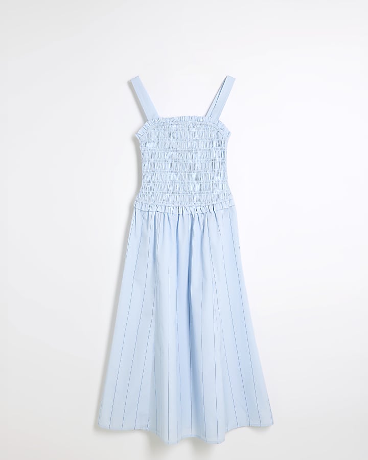 Blue Shirred Midi Dress