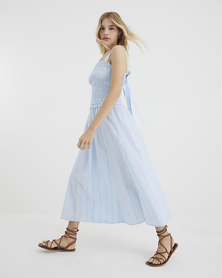 Blue Shirred Midi Dress