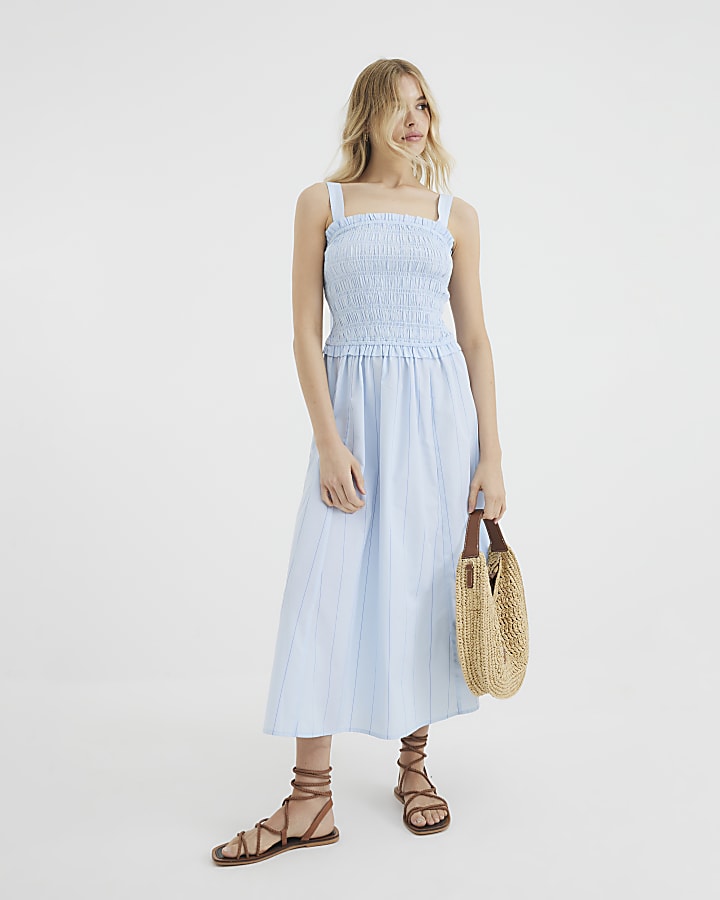Blue Shirred Midi Dress