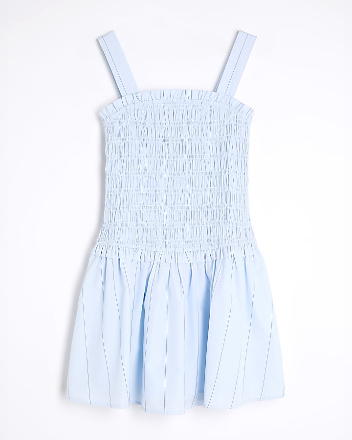 Blue Shirred Mini Skater Dress